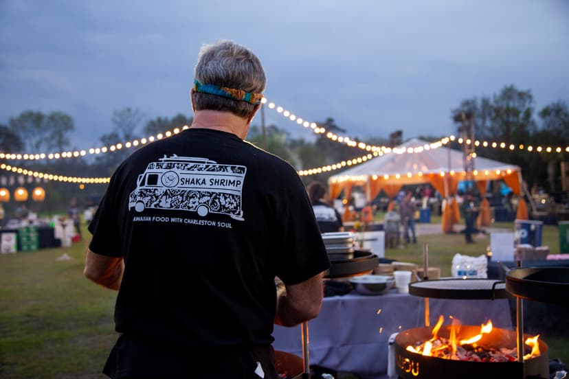 Ken Roe grilling shrimp at Charleston Food and Wine.